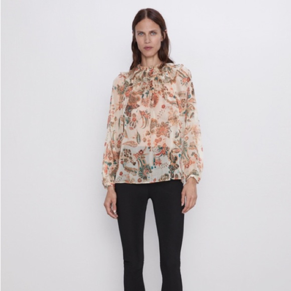Zara Sheer Floral Ruffle Blouse - Picture 13 of 16